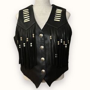 S.P. Leathers Buffalo Nickel Snap Bikers Vest Black Fringe Native Beadwork 10-12